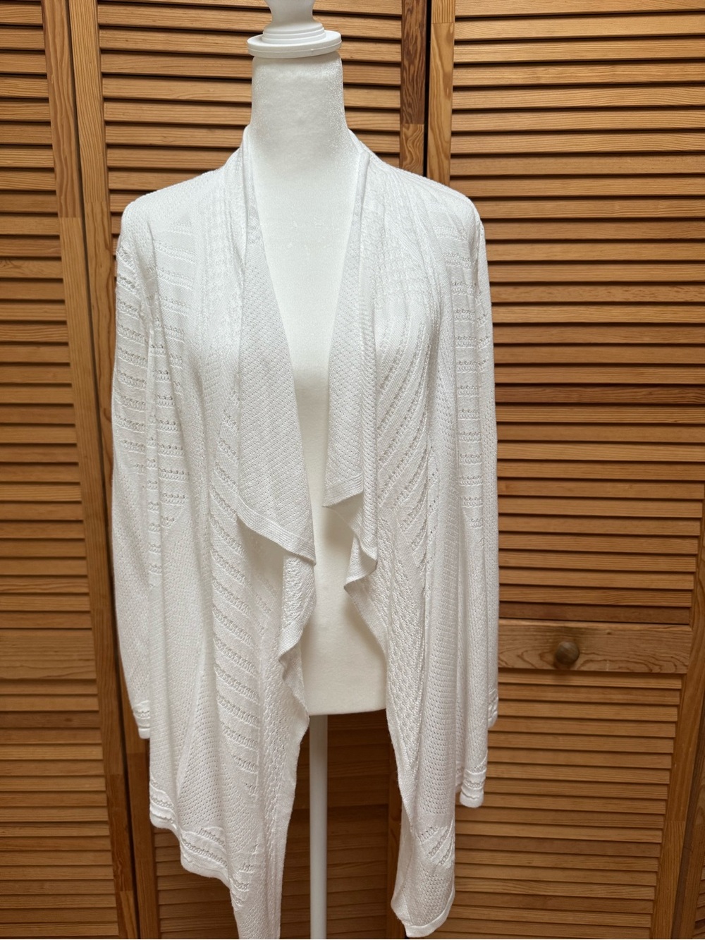 T Tahari White Pointelle Open Front Draped Waterfall Cardigan Knit Sweater L - Picture 2 of 12